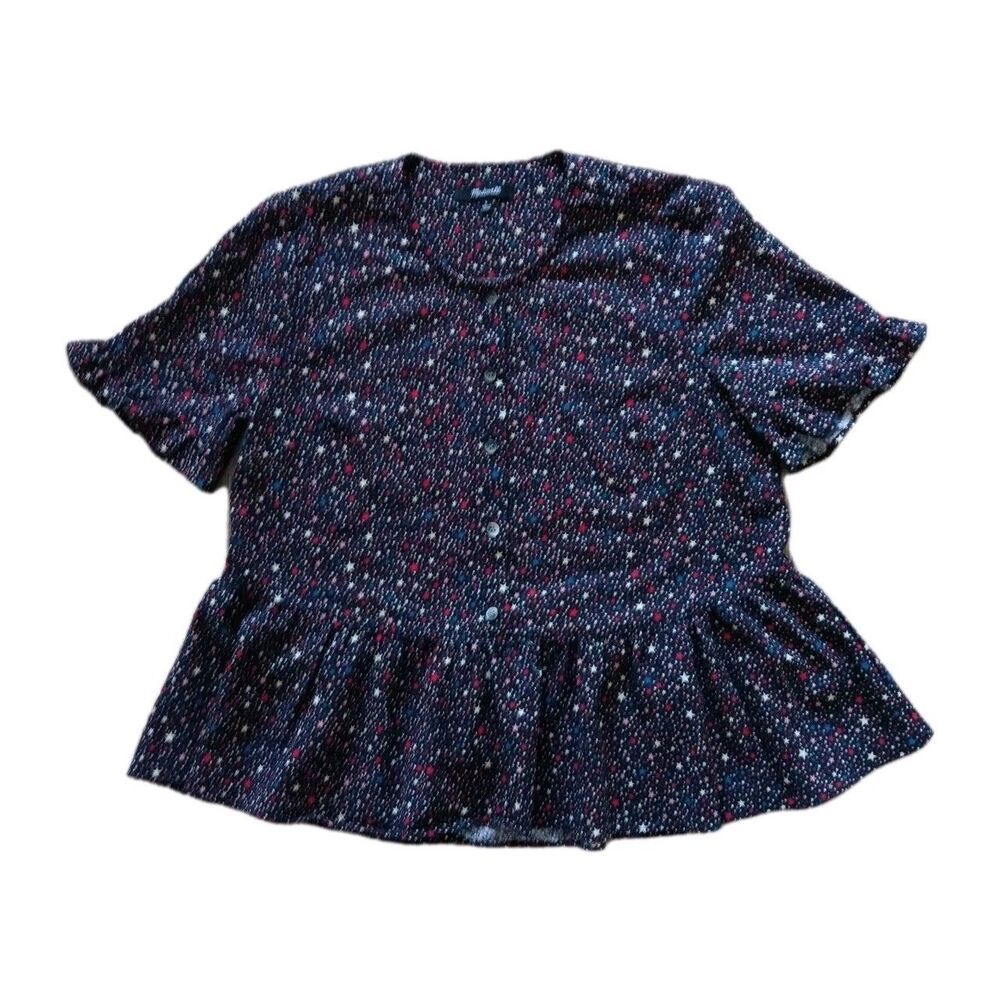 Madewell Studio Top Womens Small Starry Night Ruffle Hem Peplum Pullover Cotton